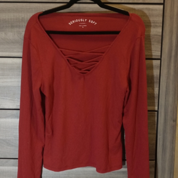 Aeropostale Seriously Soft XL Red Long Sleeve Ribbed Lace Up Bodycon Top - Picture 2 of 5